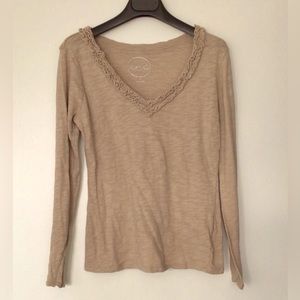 INC International Concepts Beige Ruffle V-Neck Cotton Long-Sleeve Tee Top - S